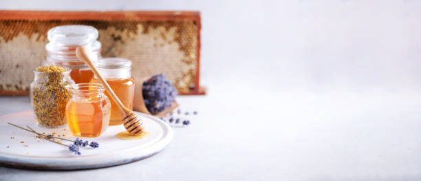istock Bee pollen granules, honey jar with wooden dropper, honeycomb on grey backdrop. Copy space. Autumn harvest concept 1176624072