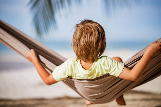 istock Rear view small boy on the swing at the beach 1176624238