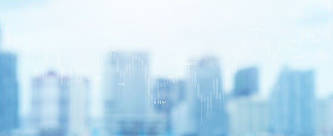 abstract blur metropolitan city view and buildings tower background with double exposure of stock market trading to forecasting about buying or selling currency exchange rate for business and investment concept