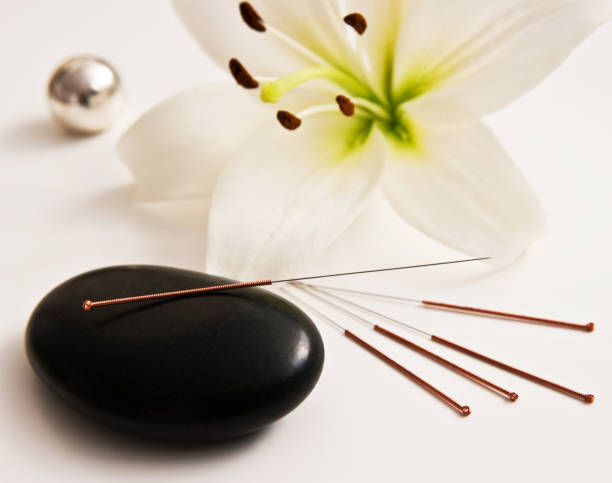 Lily with acupuncture needles and stone stock photo