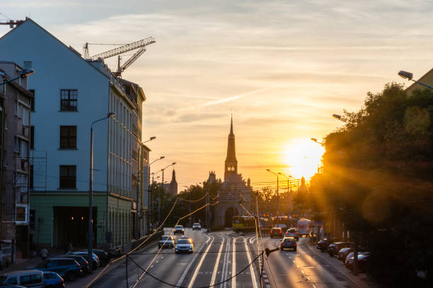 The port gate in Szczecin during sunset.