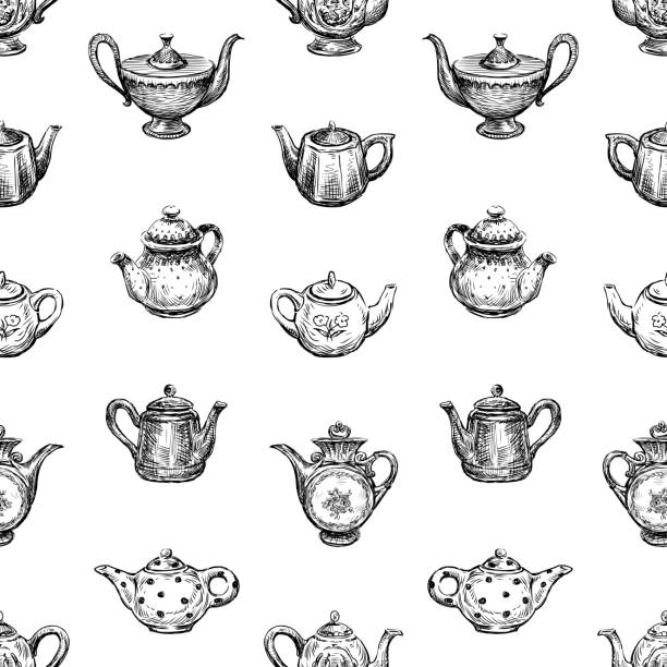 бесшовный фон эскизов различных чайников - tea party illustrations stock illustrations