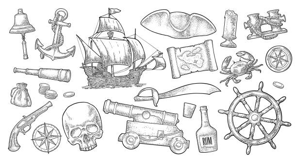 illustrations, cliparts, dessins animés et icônes de définir l'aventure pirate. gravure de cru de couleur de vecteur - ship in a bottle bottle sailing ship nautical vessel