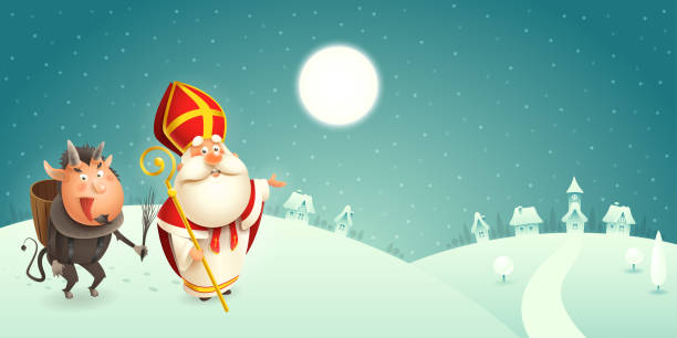 ilustrações de stock, clip art, desenhos animados e ícones de saint nicholas and krampus are coming to town - winter scene - turquoise background - santas sack