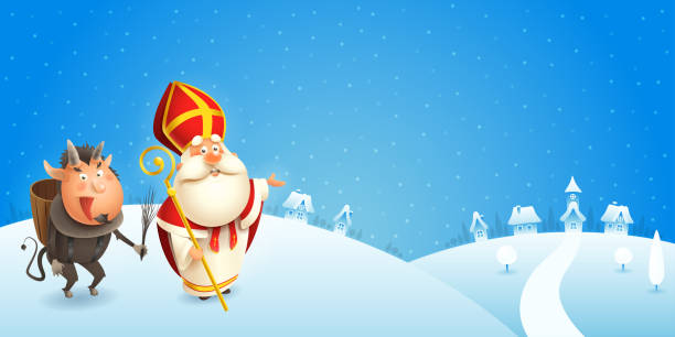 Saint Nicholas and Krampus are coming to town - winter scene - blue background Saint Nicholas and Krampus are coming to town - winter scene - blue background bishop clergy stock illustrations