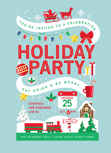 Vector illustration of a Colorful Holiday Christmas Party Invitation Design Template with Holiday icons. Includes sample text. Easy to edit with layers. EPS 10.