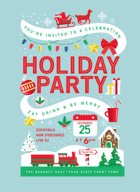 Colorful Holiday Christmas Party Invitation Design Template with Holiday icons Vector illustration of a Colorful Holiday Christmas Party Invitation Design Template with Holiday icons. Includes sample text. Easy to edit with layers. EPS 10. christmas invitation stock illustrations