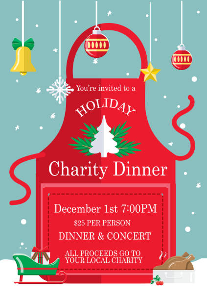 ilustrações de stock, clip art, desenhos animados e ícones de holiday charity dinner fundraiser poster design with red apron and christmas elements - christmas dinner