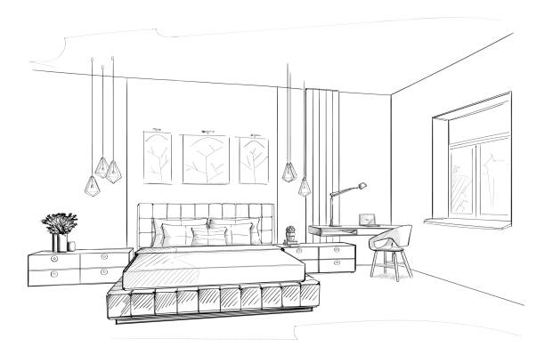 Bedroom interior sketch vector art illustration