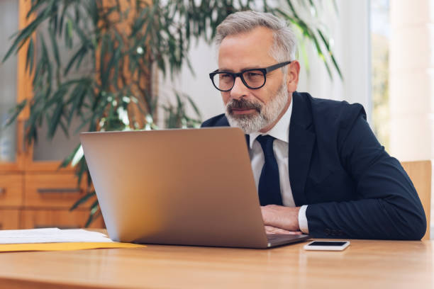 istock Mature man in glasses working on laptop 1176643481
