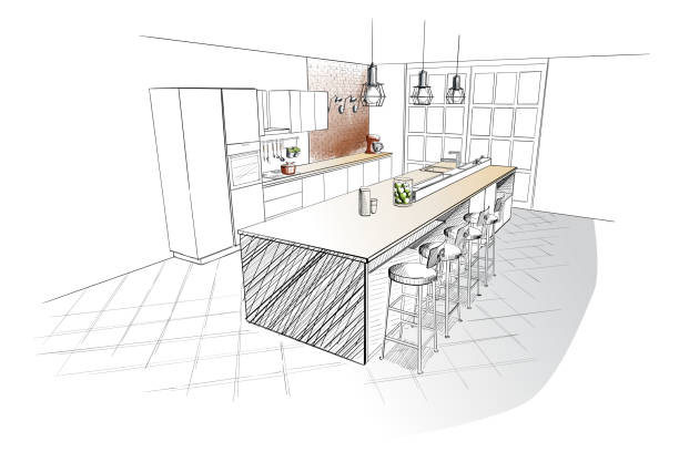 Interior sketch of modern kitchen with island. vector art illustration