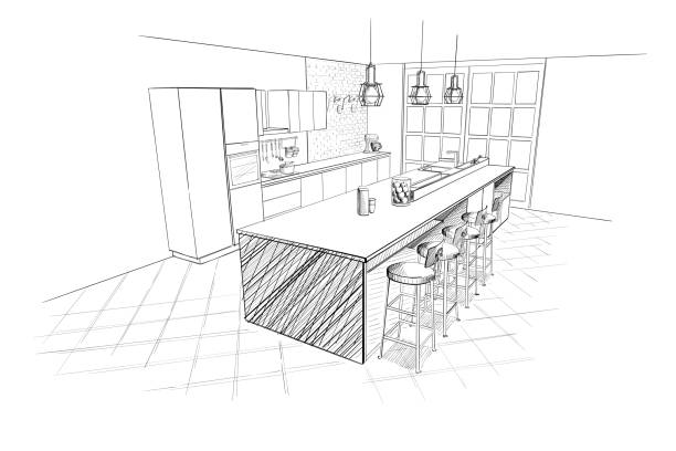 innen skizze des modernen küche mit insel. - küche stock-grafiken, -clipart, -cartoons und -symbole