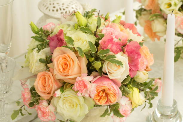istock Festive table decoration with flowers at a wedding exhibition 1176645706