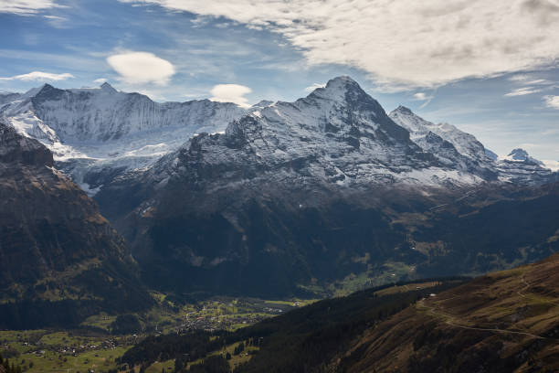 Grindelwald and the Jungfrau, Munch and Eiger mountains view from First. Swiss Alps Interlaken, Switzerland jungfrau stock pictures, royalty-free photos & images