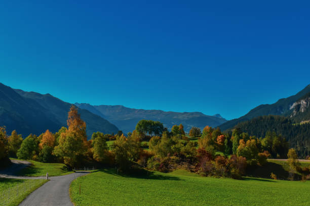 paysage suisse coloré d'automne dans filisur. - graubunden canton mountain travel valley photos et images de collection