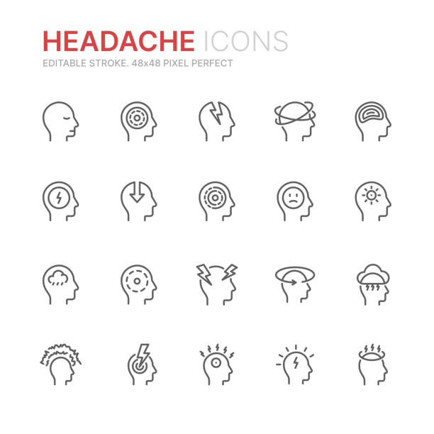Collection of stress, headache and depression related line icons. 48x48 Pixel Perfect. Editable stroke Collection of stress, headache and depression related line icons. 48x48 Pixel Perfect. Editable stroke pain symbols stock illustrations