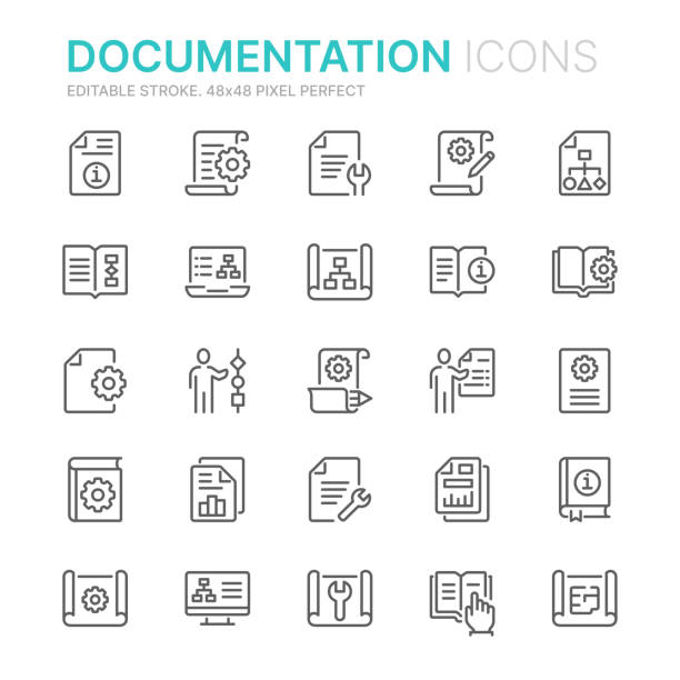 ilustrações de stock, clip art, desenhos animados e ícones de collection of technical documentation related line icons. 48x48 pixel perfect. editable stroke - technology engineering gear drawing