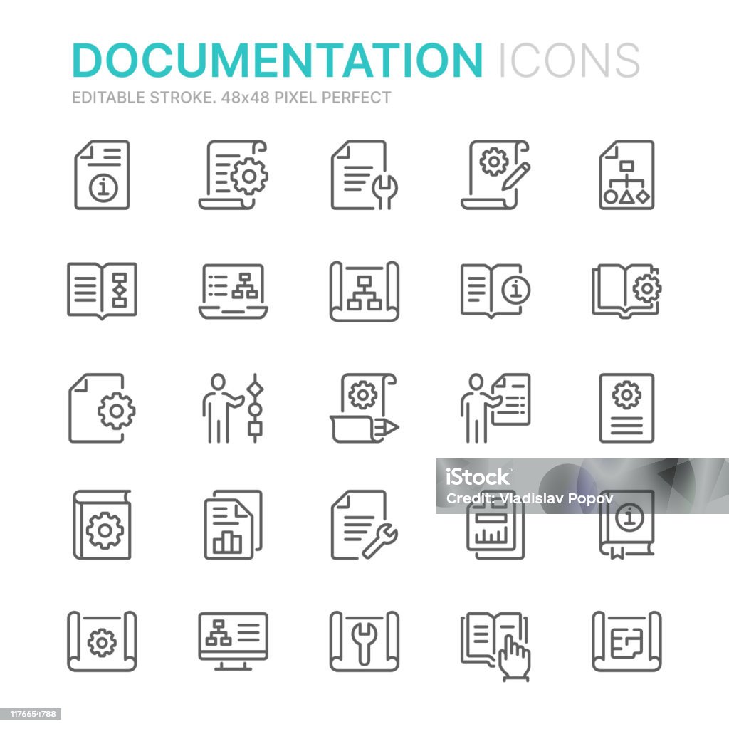 Сбор технической документации, связанной с линейными иконками. 48x48 Пиксель Perfect. Редактируемый штрих - Векторная графика Иконка роялти-фри