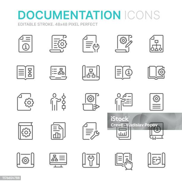 Сбор Технической Документации Связанной С Линейными Иконками 48x48 Пиксель Perfect Редактируемый Штрих — стоковая векторная графика и другие изображения на тему Иконка