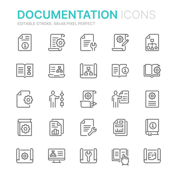 Collection of technical documentation related line icons. 48x48 Pixel Perfect. Editable stroke Collection of technical documentation related line icons. 48x48 Pixel Perfect. Editable stroke blueprint icons stock illustrations