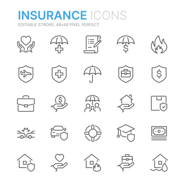 Collection of insurance related line icons. 48x48 Pixel Perfect. Editable stroke Collection of insurance related line icons. 48x48 Pixel Perfect. Editable stroke bank financial building symbols stock illustrations