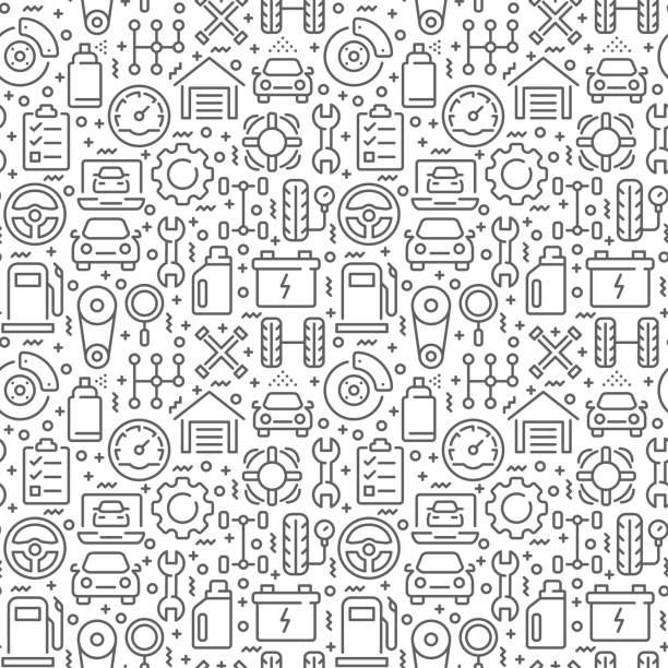 ilustrações de stock, clip art, desenhos animados e ícones de car service seamless pattern with thin line icons - part of vehicle auto repair shop car vehicle part