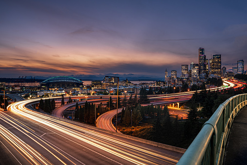 capturing the movement of cars through the city of seattle at night