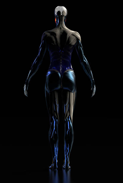 istock Female form of futuristic humanoid robot standing alone backside view 3d render 1176656169