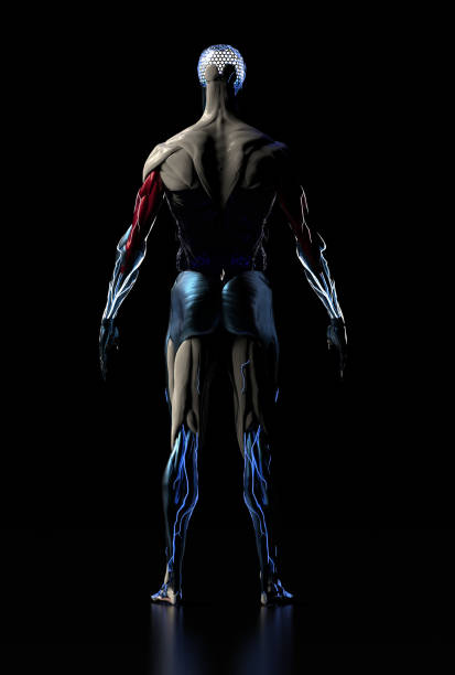 istock Male form of futuristic humanoid robot standing alone backside view 3d render 1176656362
