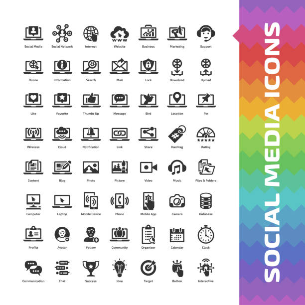 Social media icon set with global internet website, digital business and marketing technology glyph symbols: mobile device, web support, message, share, like, blog, photo, picture, video and music. Social media icon set with global internet website, digital business and marketing technology glyph symbols: mobile device, web support, message, share, like, blog, photo, picture, video and music. symbol icon set business downloading stock illustrations