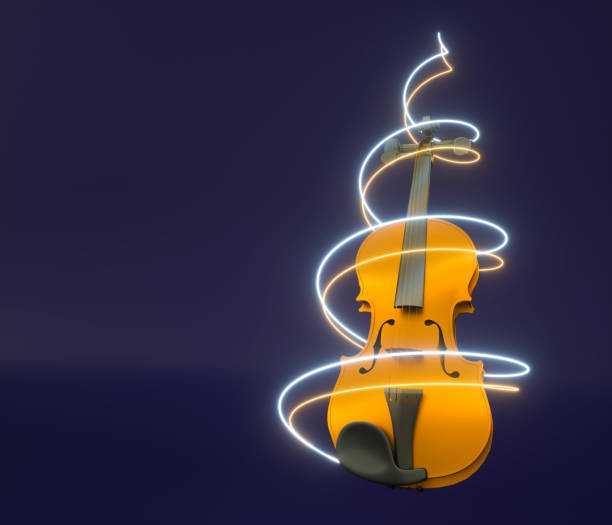 istock 3d render of yellow violin with spiral lights, copy space 1176658972