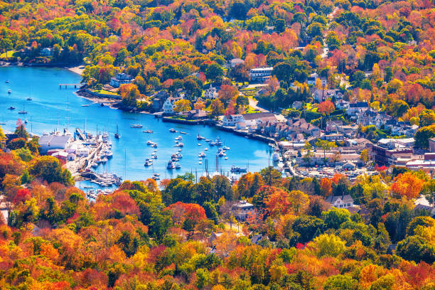 View from Mount Battie overlooking Camden harbor, Maine stock photo