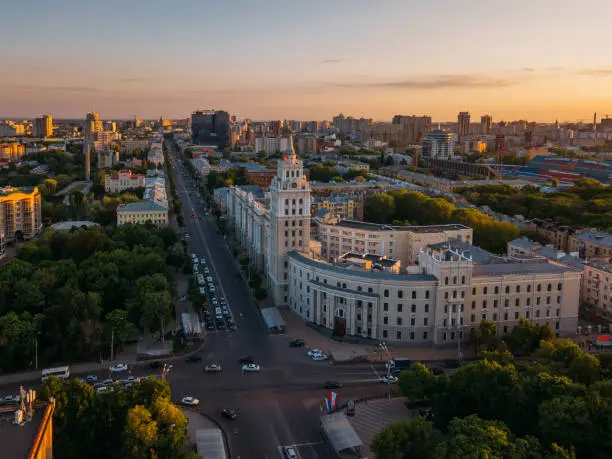 Evening summer Voronezh, aerial view. Tower of management of south-east railway and Revolution prospect.