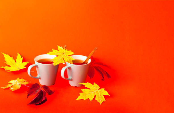 istock Two cups with tea on bright orange background.
Autumn decor. 1176663714