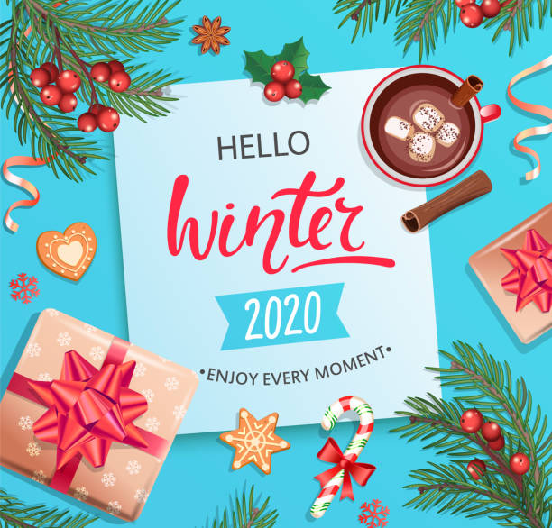 illustrations, cliparts, dessins animés et icônes de bonjour hiver 2020 carte. - coffee alcohol wine chocolate