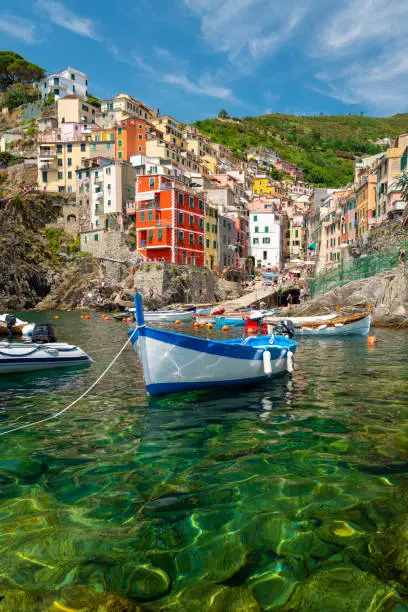 Sea view of Riomaggiore village in Cinque Terre, Italy.