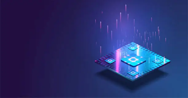 Vector illustration of Futuristic microchip processor with lights on the blue background. Quantum computer, large data processing, database concept. CPU isometric banner. Central Computer Processors CPU concept.Digital chip
