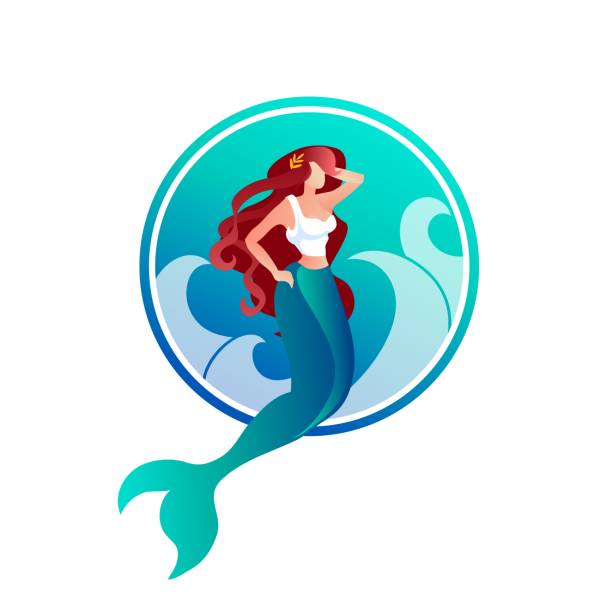 Beautiful Long Haired Mermaid with Laurel Wreath Beautiful Long Haired Mermaid with Laurel Wreath on Head on Sea Waves Background. Mythological Creature Living in Ocean, Nymph or Siren in Greek Myths Legends Cartoon Flat Vector Illustration, Icon goddess of ocean stock illustrations