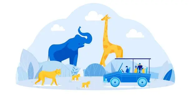 Vector illustration of Man and Woman Happy Family on Safari Trip at Zoo