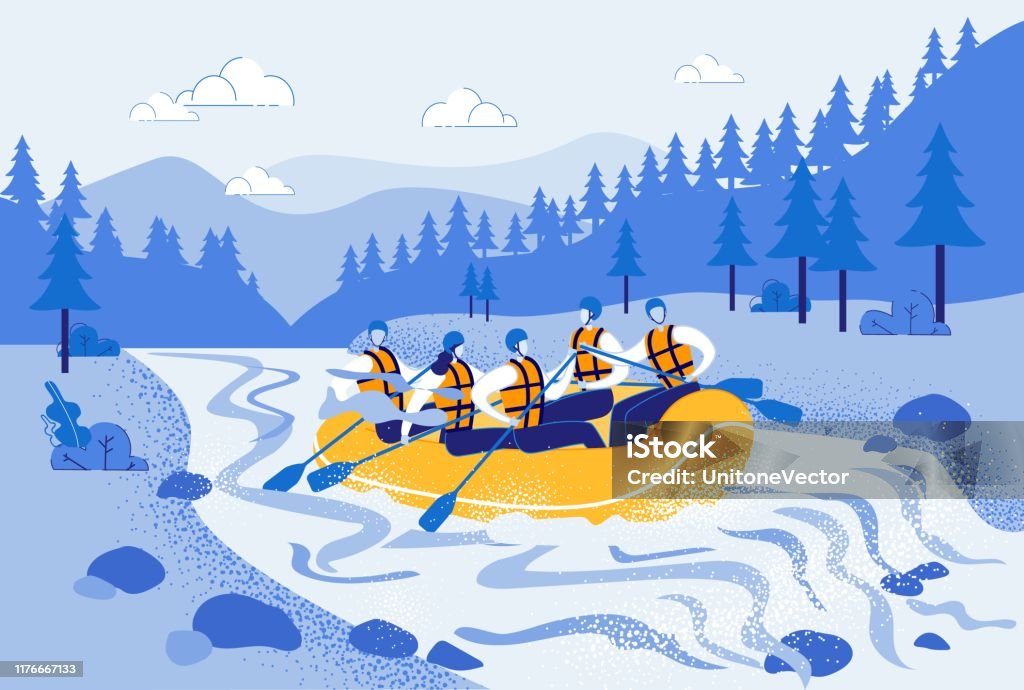 Män och kvinnor Rafting i uppblåsbar båt vektor. - Royaltyfri Flottpaddling vektorgrafik