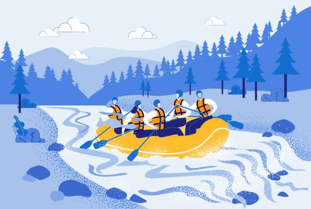 Men and Woman Rafting in Inflatable Boat Vector. On Rough Mountain River in Yellow Inflatable Boat Sit Men and Woman in Helmets and Life Jackets Flat Cartoon Vector Illustration. People Holding Paddles and Rafting among Forest Trees. rafting kayak kayaking river stock illustrations