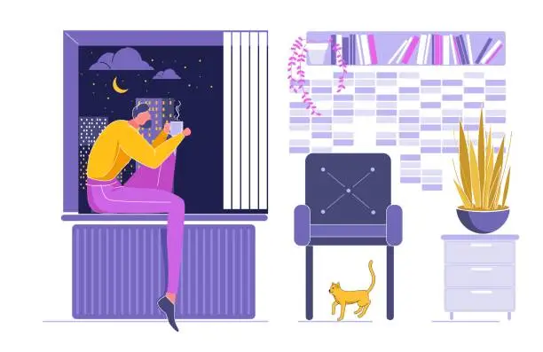 Vector illustration of Woman Sitting on Windowsill and Dream with Cup.