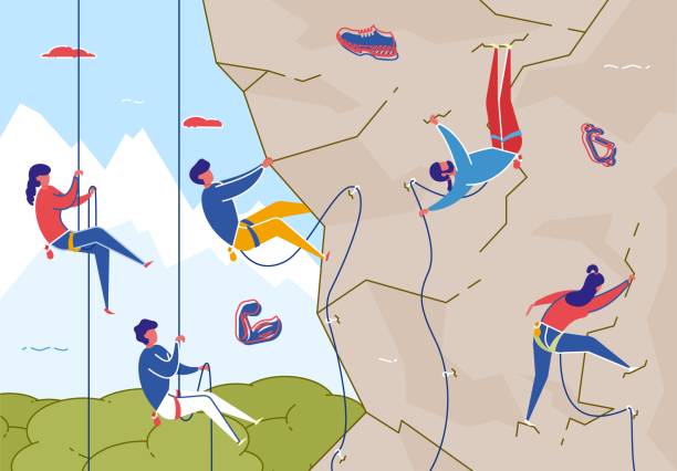 скалолазание с оборудованием, extreme sport flat. - rock climbing mountain climbing climbing women stock illustrations