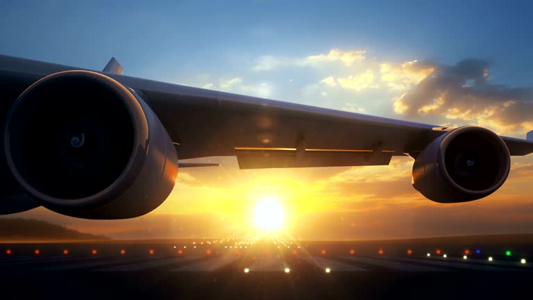 Camera moving close to airplane wing showing its engines rotating