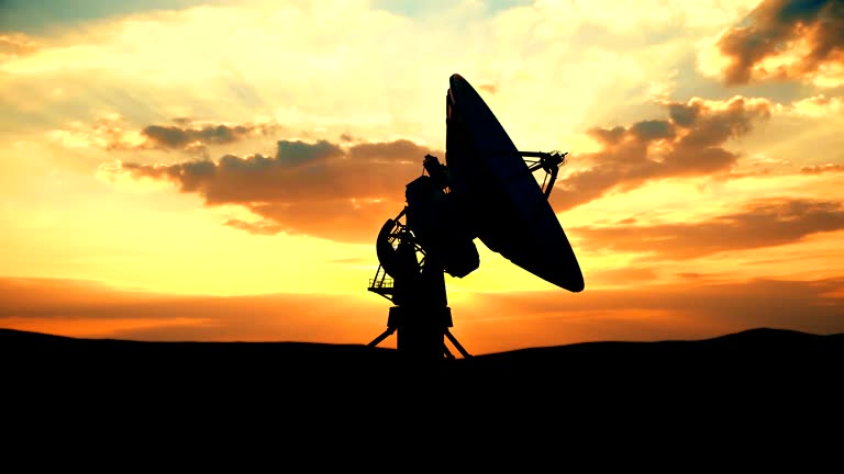 Military radar exploring evening sky against scenic sunset