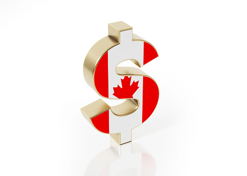 Canadian Dollar sign on white background. Horizontal composition with clipping path and copy space. Canadian Dollar concept.