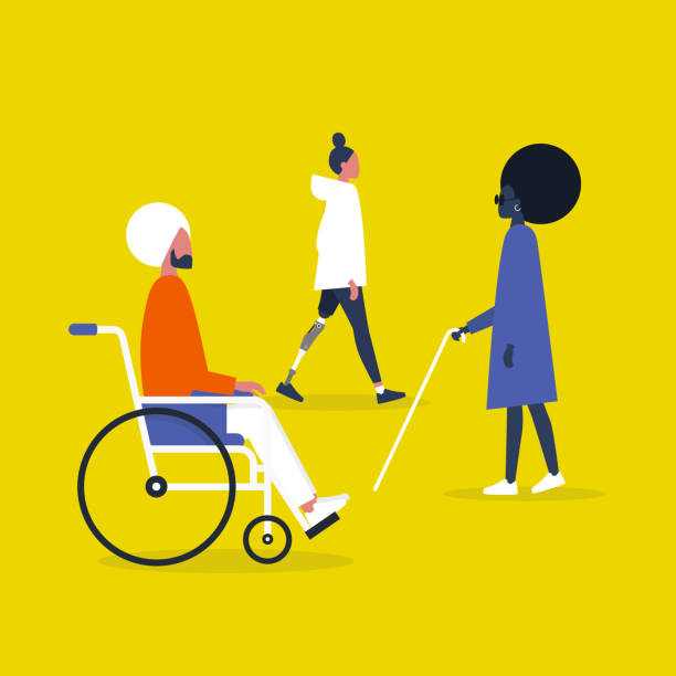Modern disabled people. Indian man sitting in a wheelchair. Caucasian woman with a prosthetic lower limb. Black female sightless character wearing dark shades and holding a cane. Modern disabled people. Indian man sitting in a wheelchair. Caucasian woman with a prosthetic lower limb. Black female sightless character wearing dark shades and holding a cane. disability illustrations stock illustrations