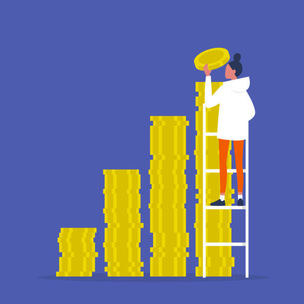 IPO. Investment. A stack of coins. Business. Finance. Young female character climbing up the ladder. Success. IPO. Investment. A stack of coins. Business. Finance. Young female character climbing up the ladder. Success. savings illustrations stock illustrations