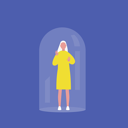 Young female character trapped under the glass dome calling for help. Mental health concept. Flat editable vector illustration, clip art