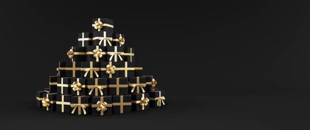 istock black gift boxes with golden bow, black background with copy space 3d render 1176672151